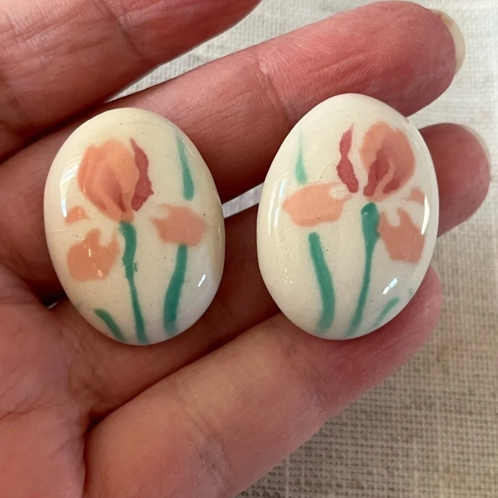 Iris ceramic oval clip on Earrings on Porcelain flower earrings..